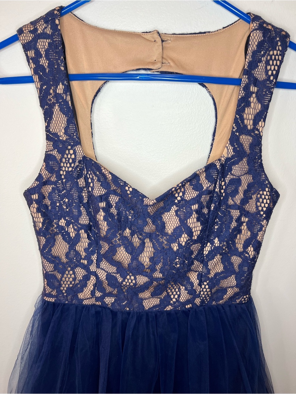 City Triangles Navy Lace & Nude Lined Tulle Party or Prom Dress